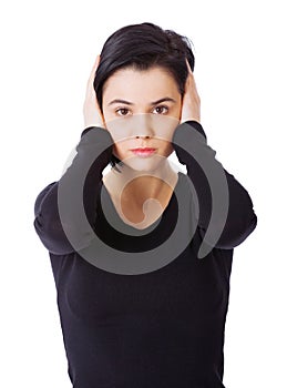 Portrait, loud and woman covering ears, stress and person isolated on a white studio background. Face, model and girl