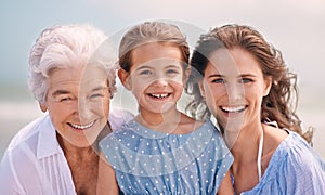 Portrait, love and family generations on beach in summer together for travel, holiday or vacation. Face of senior mother