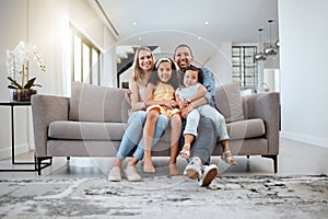 Portrait, love hug and family on sofa in living room, smiling and bonding. Care, support and happy mother, father and