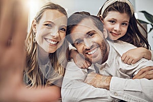 Portrait, love or parents take a selfie with a girl as a happy family in house living room bonding in Australia. Mother