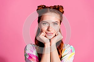 Portrait of lovely gorgeous positive woman with foxy hairstyle wear print shirt hold hands under chin isolated on pink
