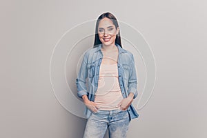 Portrait of lovely optimistic smart business woman business concept good-looking feel glad candid have free time dressed