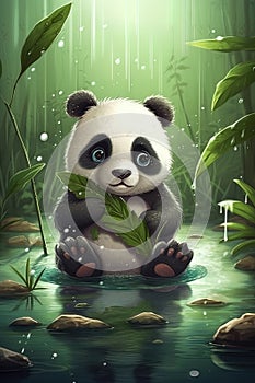 Portrait of a lovely panda bear in a bamboo forest