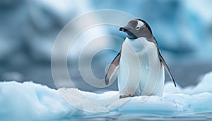 Portrait of lovely penguin floating on small iceberg in cold Antarctic sea waters with picturesque moody landscape background.