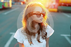 Portrait of lovely pretty young redhead hipster woman with lips in trendy sunglasses in white t-shirt