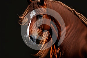 Portrait of a lovely red horse in motion with a long mane