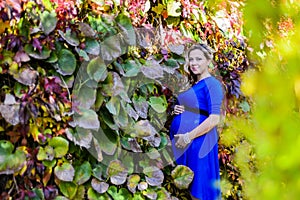 Portrait a lovely young blond pregnant woman.