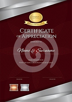 Portrait luxury certificate template with elegant red and silver