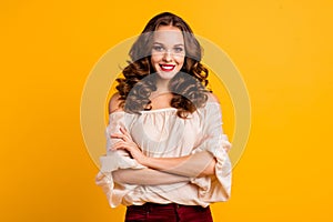 Portrait of magnificent fabulous lady youth feel glad elegant dressed in modern blouse with bright pomade  on