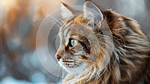 Portrait of Maine Coon cat with blue eyes in winter forest.