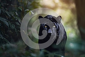 Portrait of Malaysian black panther or melanistic leopard in the jungle Generative Ai