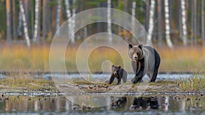 Portrait of male bear and cub with spacious area on left ideal for text accompaniment