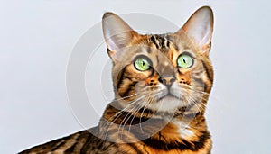 Portrait of male Bengal cat sitting down looking straight into camera cut out isolated on white background, orange color feline