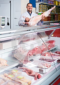 Portrait of male butcher in kosher section at supermarket