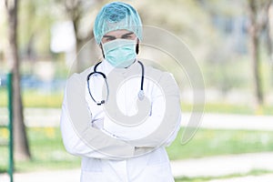 Portrait of a Male Caucasian Doctor Outside