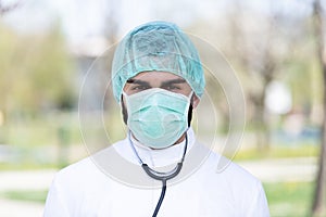 Portrait of a Male Caucasian Doctor Outside