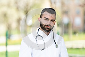 Portrait of a Male Caucasian Doctor Outside