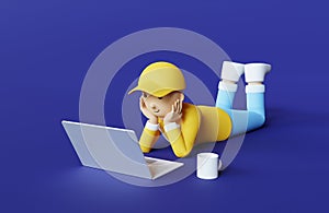 portrait of a male character in a yellow hat in a yellow was watching the laptop