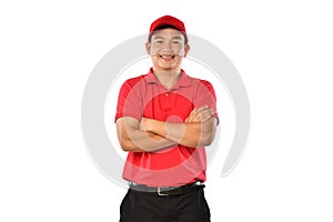 Portrait of male delivery man, messenger, employee, worker, service provider smiling and looking happy and welcome