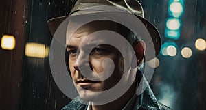 portrait of a male detective in hat and coat on street at night in rain. Generative AI