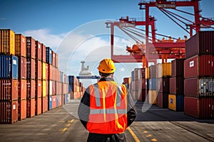 Portrait of a male engineer standing in front of containers at the port, A dockworker at the port looks at the containers, AI