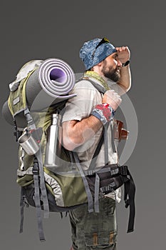 Portrait of a male fully equipped tourist