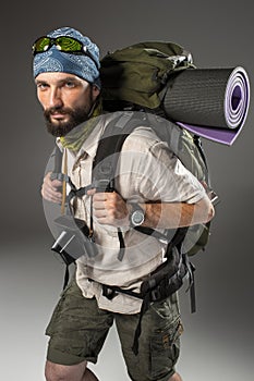 Portrait of a male fully equipped tourist