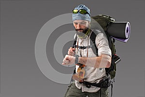 Portrait of a male fully equipped tourist
