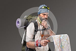 Portrait of a male fully equipped tourist