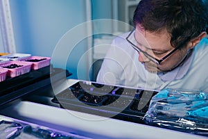 Portrait of a male laboratory assistant. Watching the seeds grow