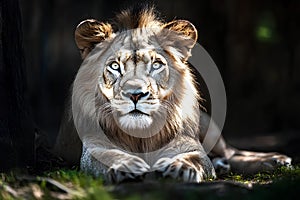 Portrait of a male lion lying on the grass in the zoo photo