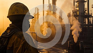Portrait of a male oil and gas worker wearing safety helmet and safety goggles in an oil refinery