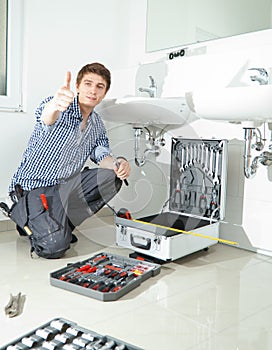 Portrait of male plumber fixing a sink in bathroom