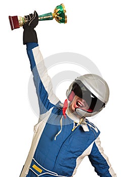 Portrait of a male racer winner with a gold trophy cup isolated on white