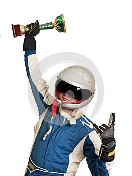 Portrait of a male racer winner with a gold trophy cup isolated on white