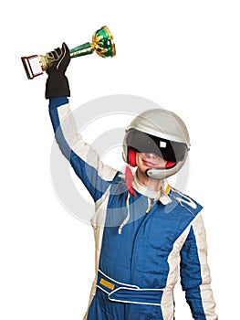 Portrait of a male racer winner with a gold trophy cup isolated on white