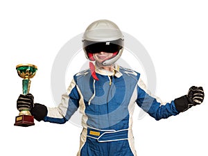 Portrait of a male racer winner with a gold trophy cup isolated on white