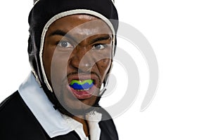 Portrait of male rugby player with mouthguard