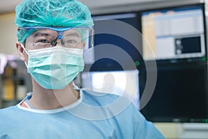 Portrait of male surgeon wearing surgical mask in operation theate
