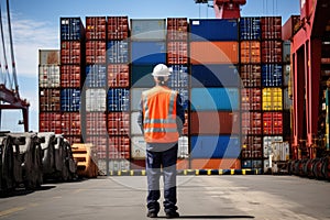 Portrait of a male worker wearing safety helmet and reflective vest while standing in front of container terminal, A dockworker at