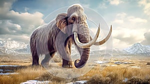 portrait of a mammoth walking on dry grass in prehistoric times