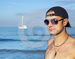 Portrait of man on background of ocean