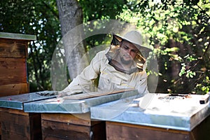 Portrait of man beekeeper working in apiary.