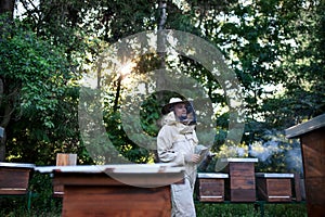 Portrait of man beekeeper working in apiary, using bee smoker.