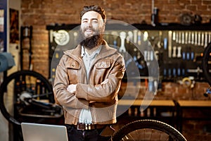 Portrait of a man in the bicycle store