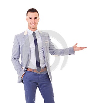 Portrait of man in blue jacket showing empty copyspace