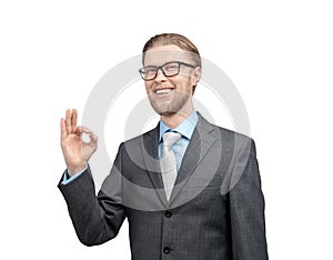 Portrait man businessman showing gesture OK