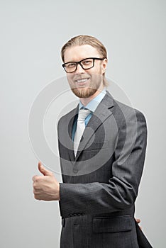 Portrait man businessman showing gesture thumb up