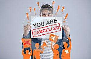 Portrait of man, cancelled sign and protest, censorship and bullying in studio isolated on white background overlay