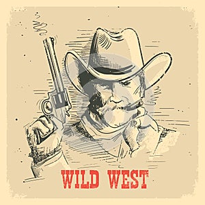 Portrait man in cowboy hat with gun. Gunslinger wild west old poster